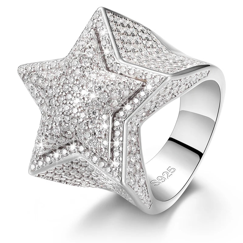 Iced Out Sterling Silver Moissanite Diamond Star Ring