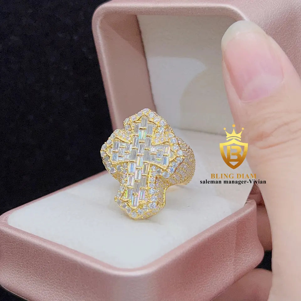 Iced Out Oversized Cross Ring with Baguettes