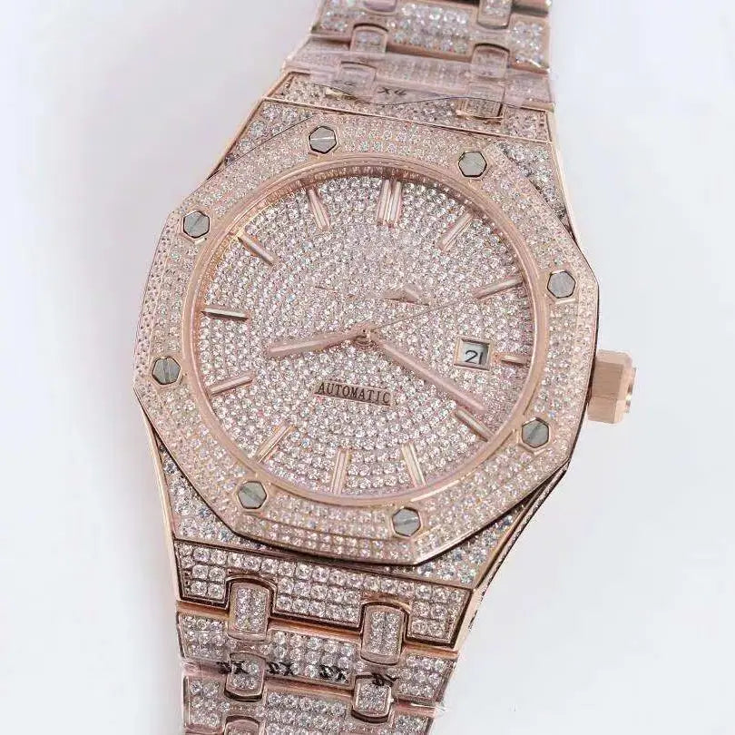 Iced Out Octagon Moissanite Bust Down Gold Rose Watch