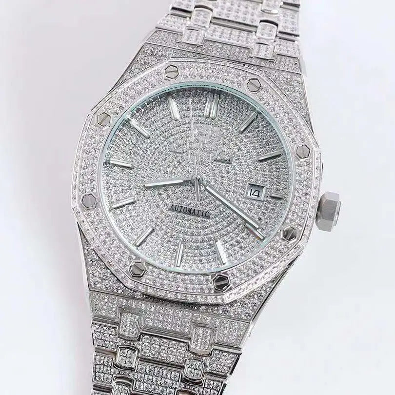 Iced Out Octagon Moissanite Bust Down Silver Watch