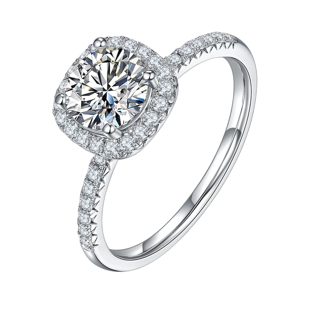 1 Carat Round Cut Halo Moissanite Silver Engagement Ring